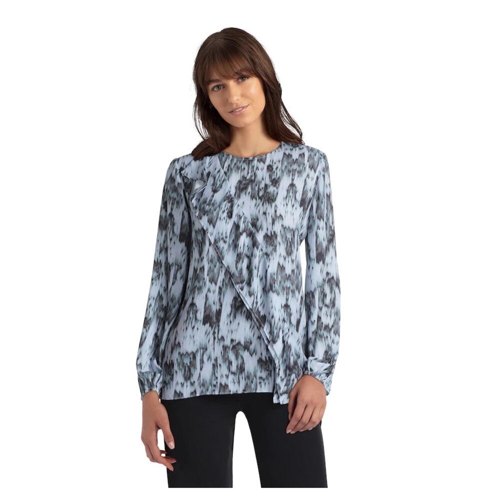 H By Halston Printed Ruffle Long Sleeve Top Size XS